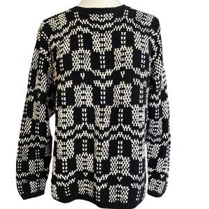 Vintage KRITZIA Sweater Chunky Knit Cotton Black & White Geometric Print Size L